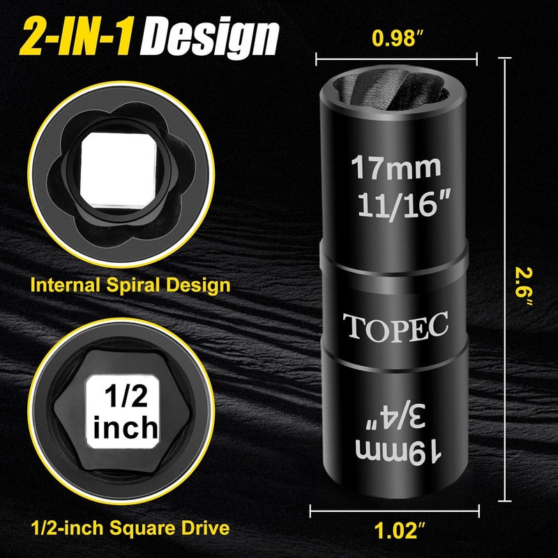 Topec 17mm x 19mm Flip Lug Nut Extractor, 1/2" Drive Lug Nut Removal Tool, 2-IN-1 Wheel Lock Remover Socket | Extension Bar Not Included - Image 1